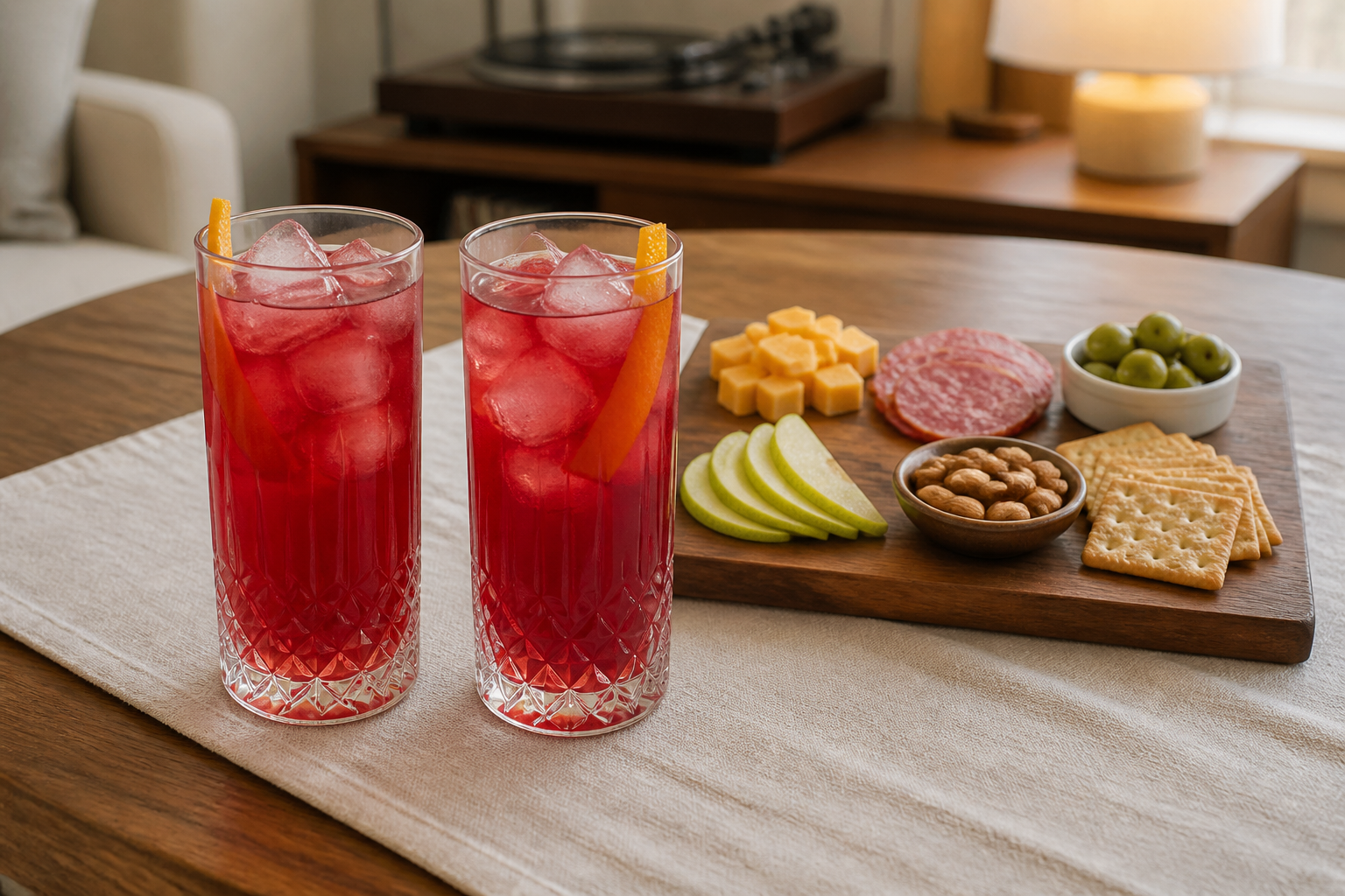 two matching highballs one cocktail and one zero-proof beside a six-group snack board with visible board surface