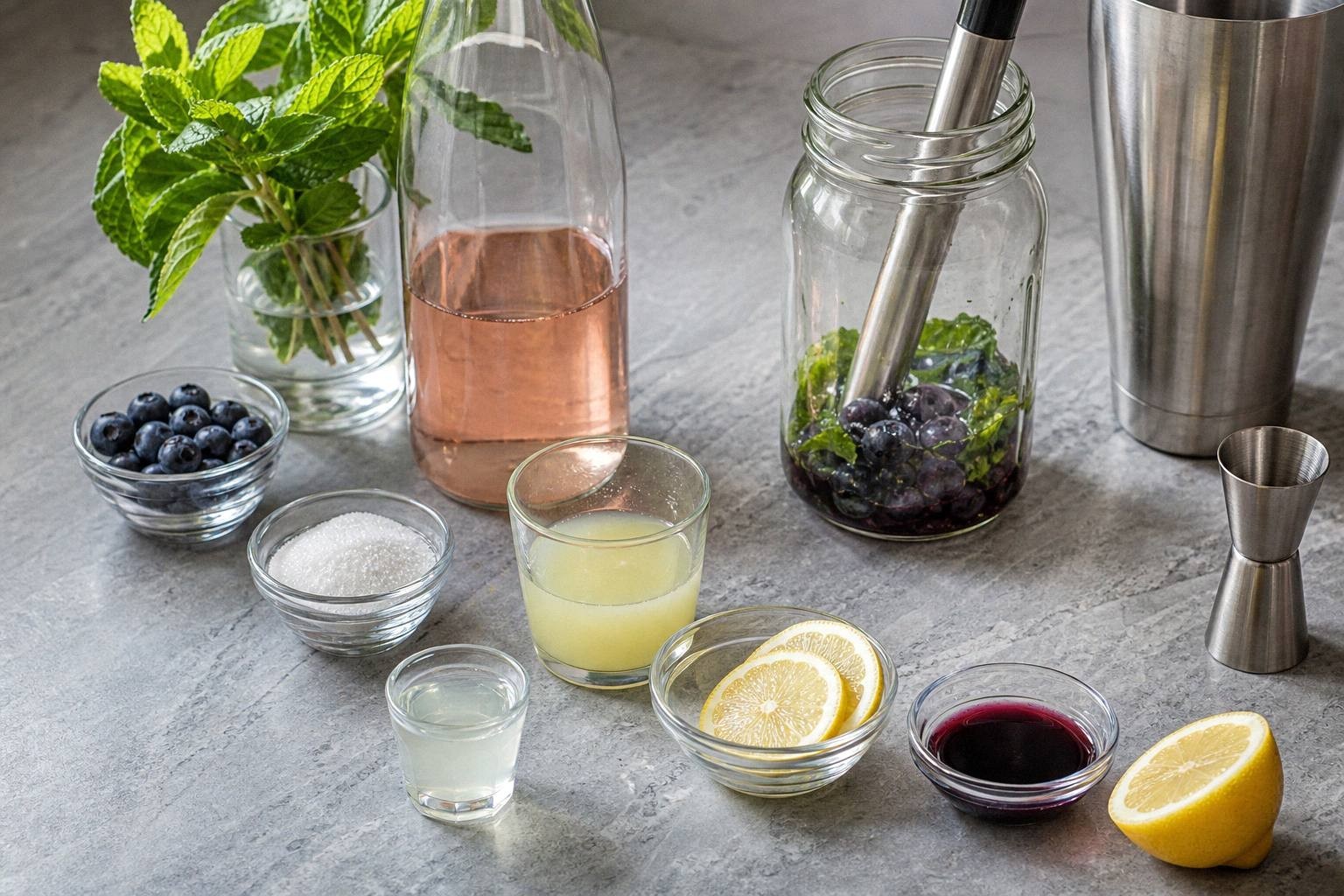 measured ingredients for cocktail party appetizers laid out on kitchen counter with garnishes