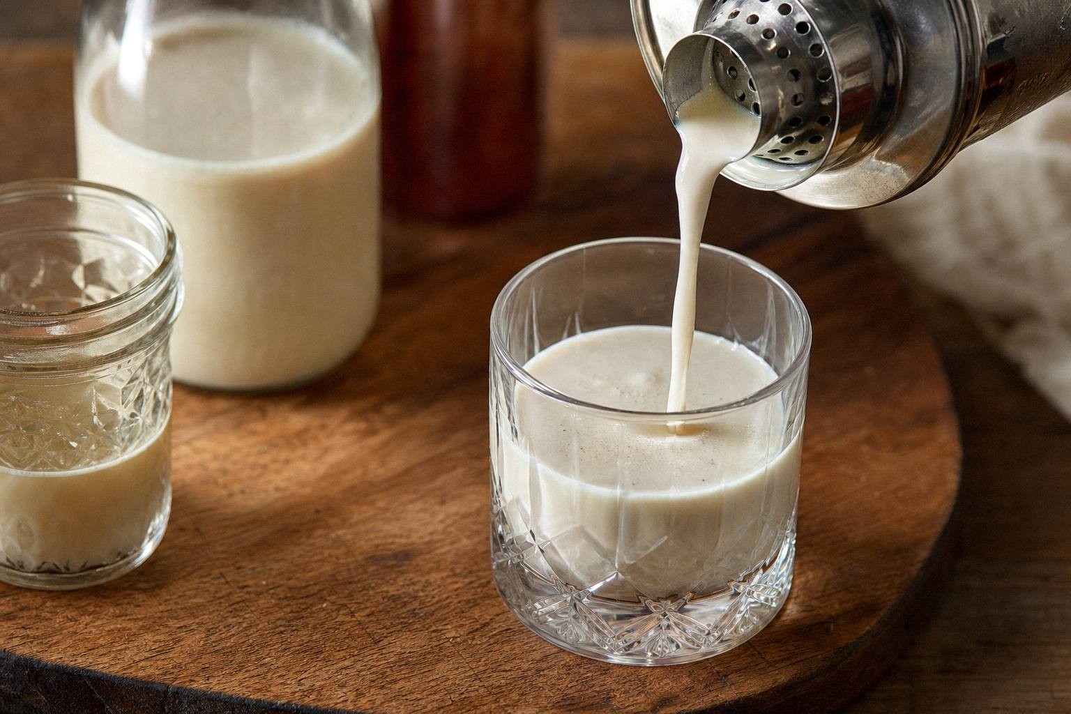cream-colored liquid being poured into glass for cocktail party appetizer