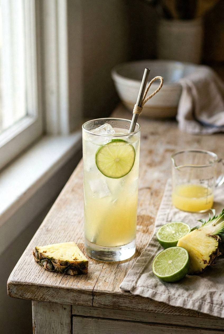 A tall glass of pineapple lime coconut water mocktail on a sunlit kitchen counter with pineapple wedges and limes beside it