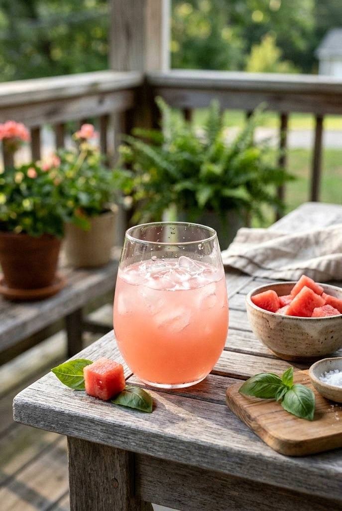 Watermelon basil coconut water mocktail being poured into a stemless wine glass with a basil leaf garnish, fresh watermelon on the counter beside it