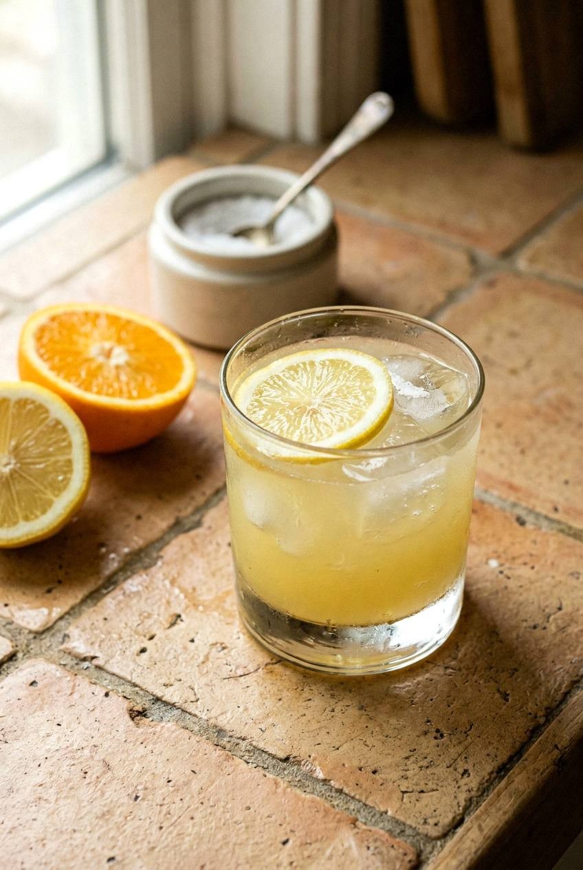 A rocks glass of citrus sea salt coconut water electrolyte mocktail on a wooden counter, lemon and orange wedges beside it, a small jar of sea salt visible