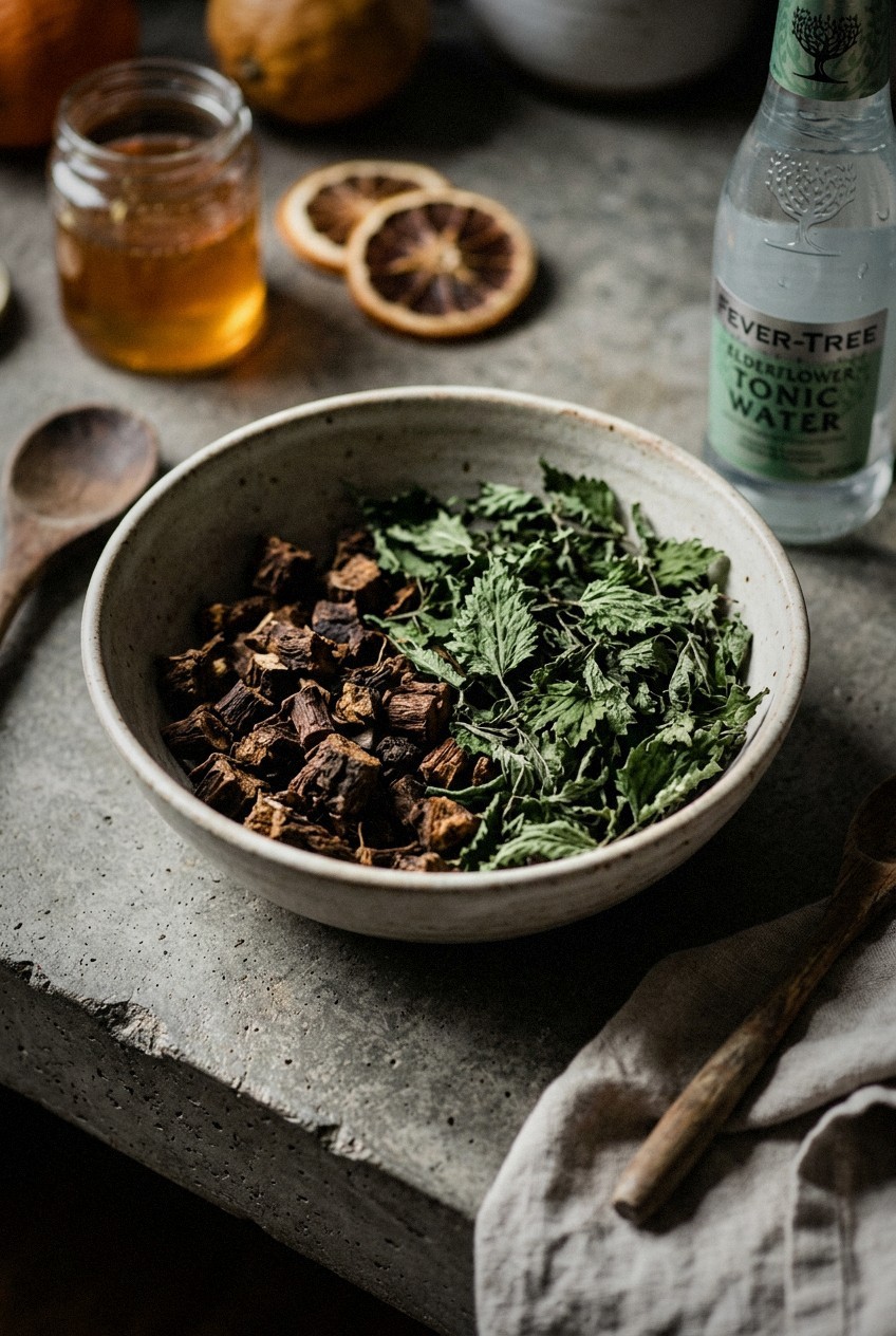 Cold brew dandelion and nettle herbal tea in glass pitcher with ice cubes and fresh lemon slices on marble counter with morning light