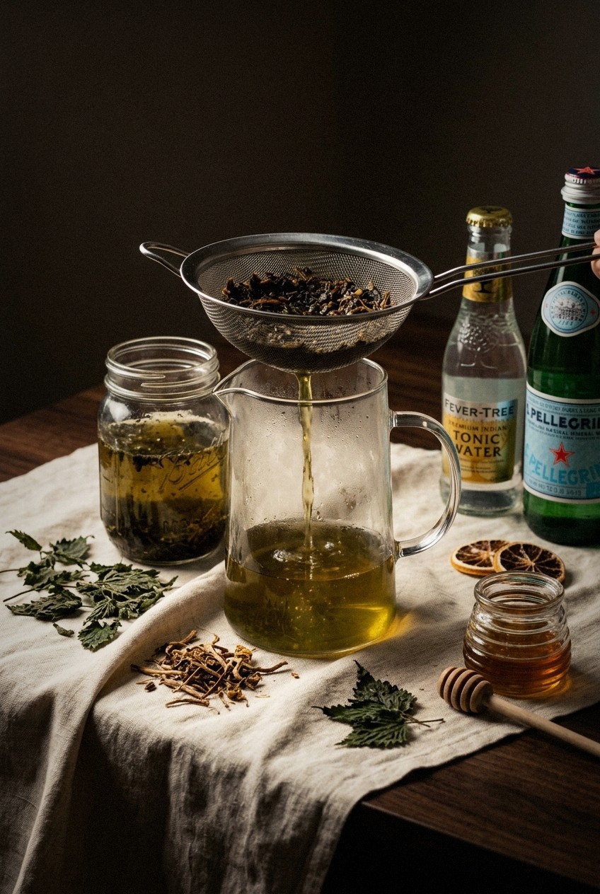 Straining cold brew dandelion nettle tea through fine mesh sieve into glass pitcher, showing amber-green liquid and herb sediment