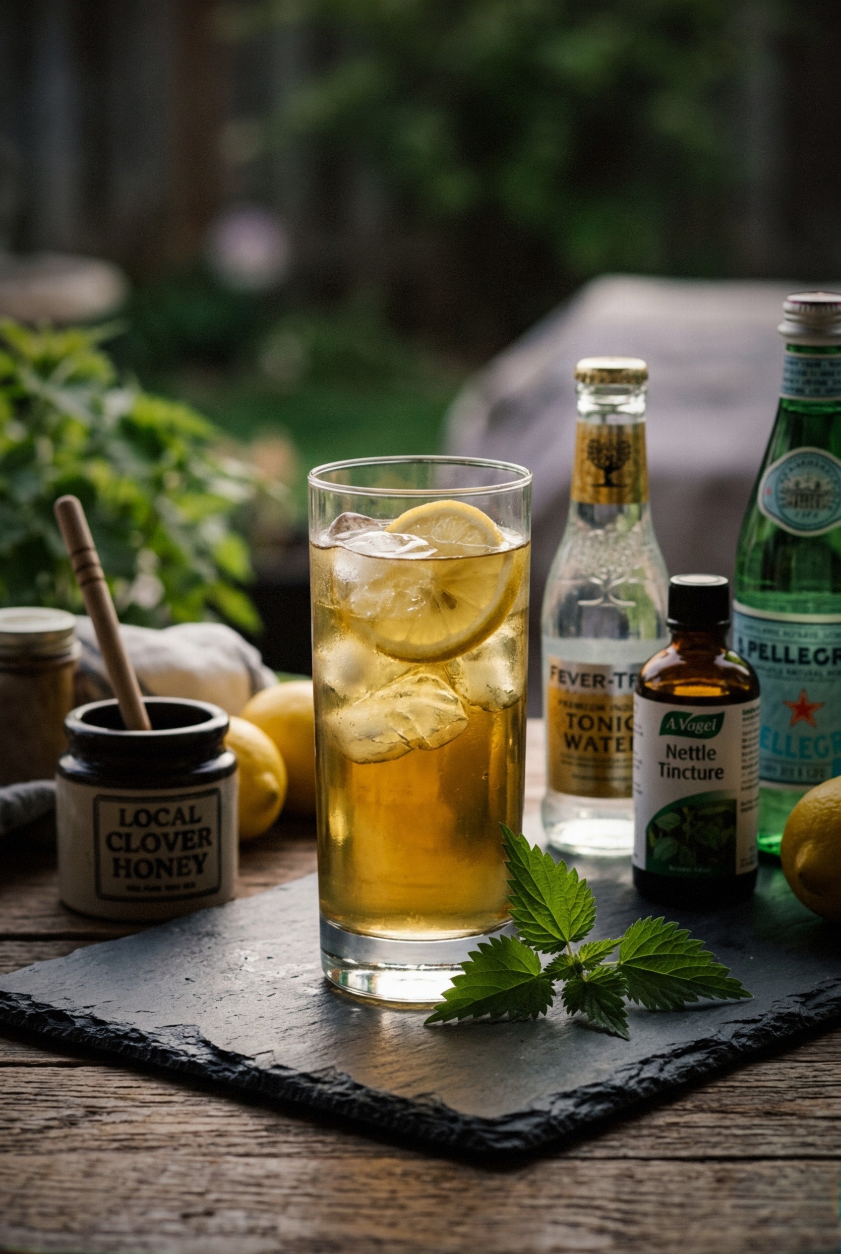 Finished cold brew dandelion nettle detox tea in tall glass with ice, lemon wheel, and condensation, outdoor spring garden background with dandelion flowers