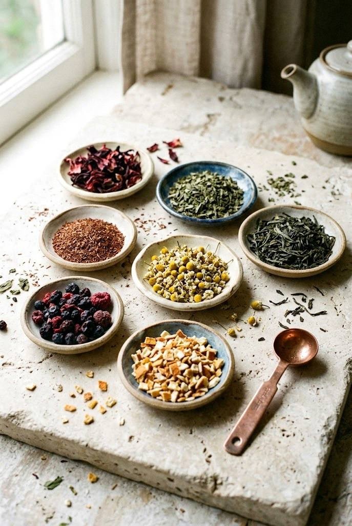 Loose leaf tea ingredients including hibiscus, mint, green tea, rooibos, chamomile, citrus peel, and berries on a bright counter