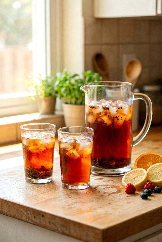 Cold brew loose leaf tea served over ice in clear glasses with summer fruit beside the pitcher