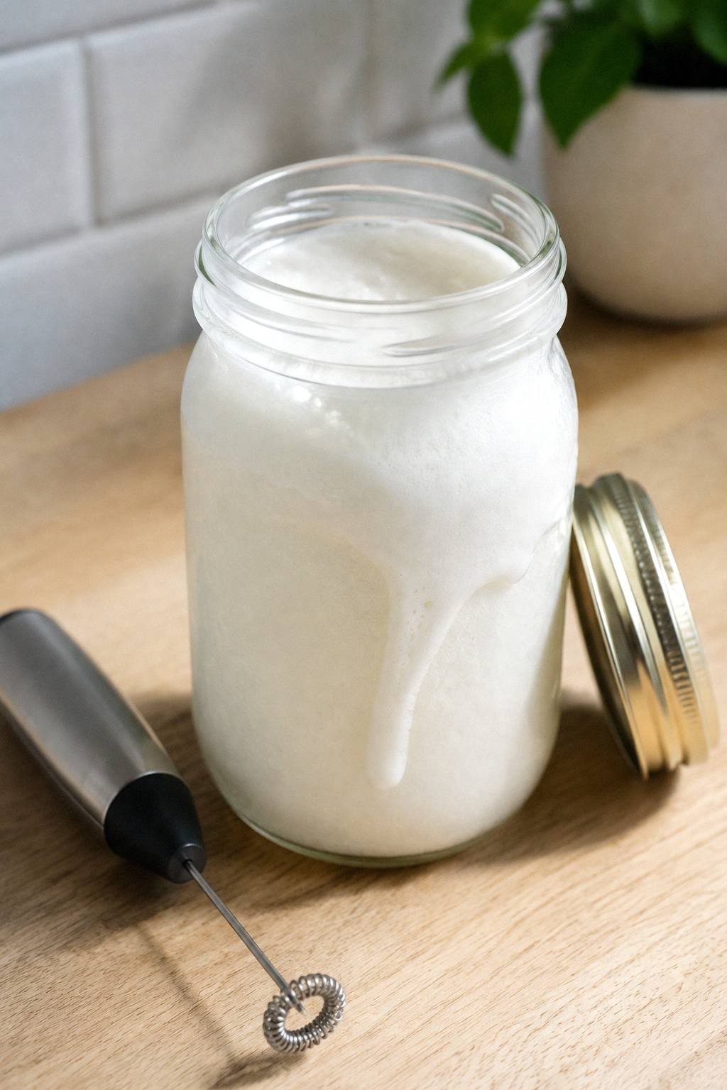 mason jar of freshly shaken cold foam with thick white texture next to a handheld milk frother on a kitchen counter