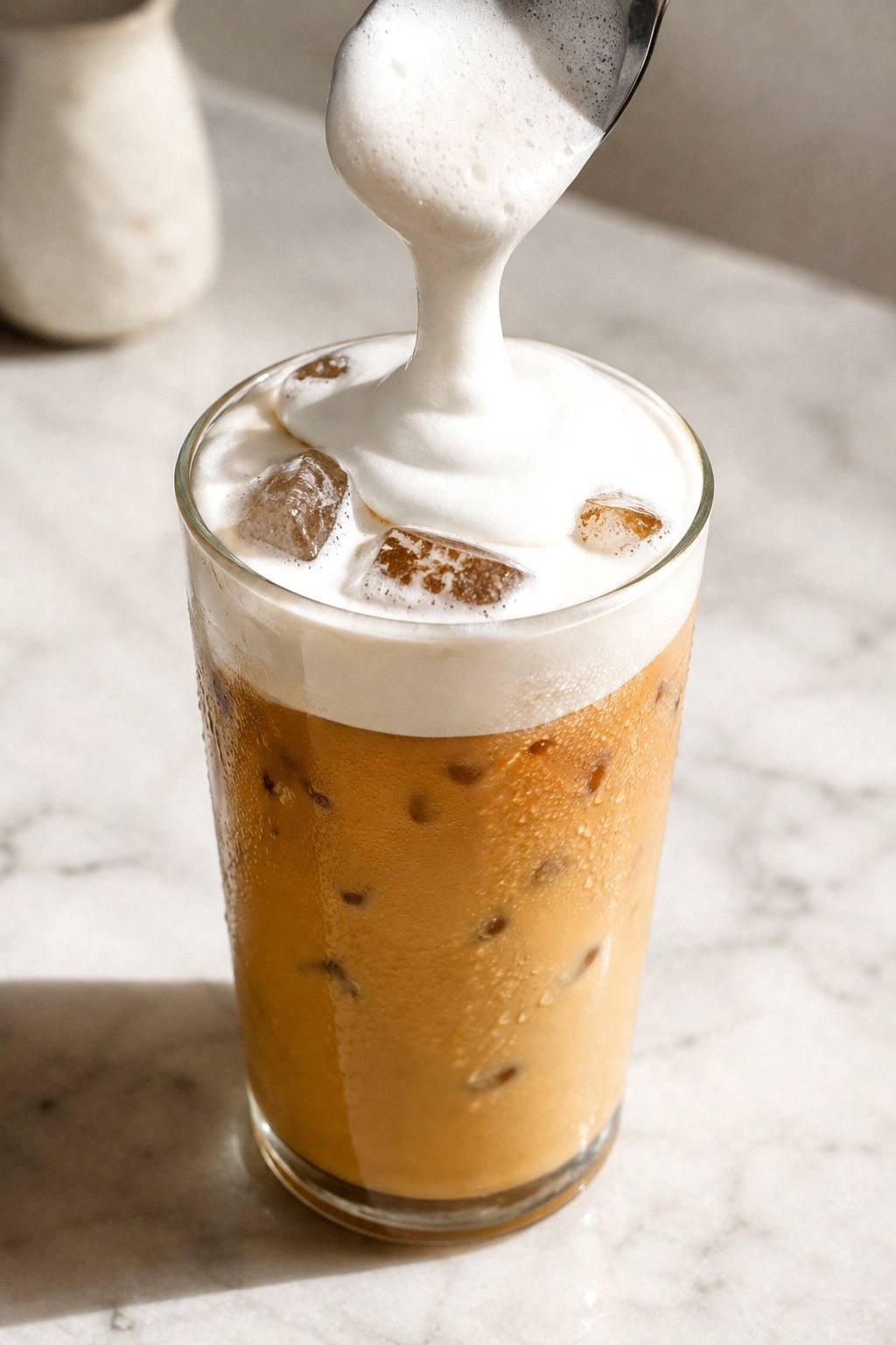 cold foam being spooned slowly onto a glass of tan iced coffee so the white layer floats on top