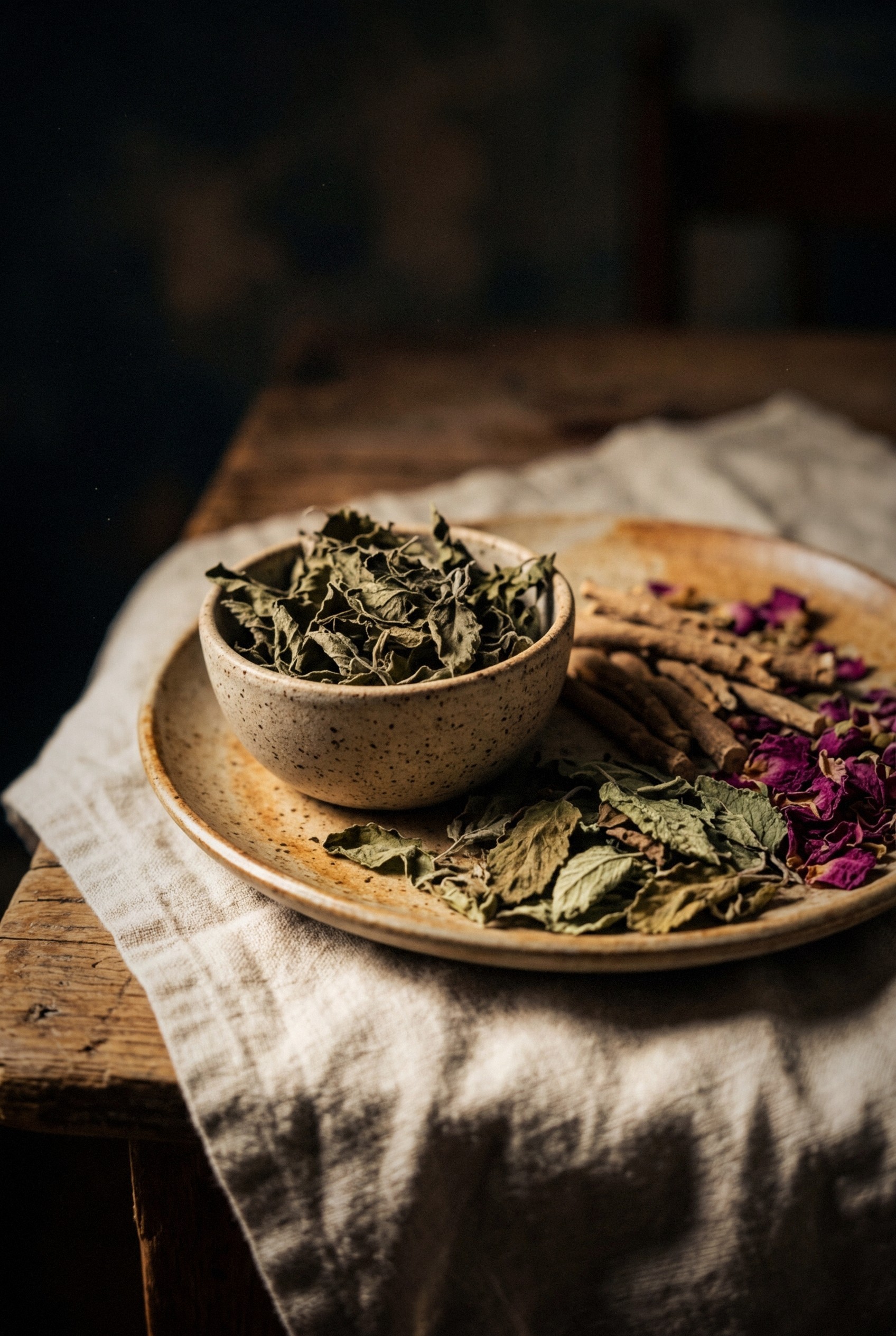 Cortisol lowering iced tea with holy basil, ashwagandha, lemon balm, and passionflower in glass pitcher with fresh herbs and lemon slices on marble counter in spring sunlight