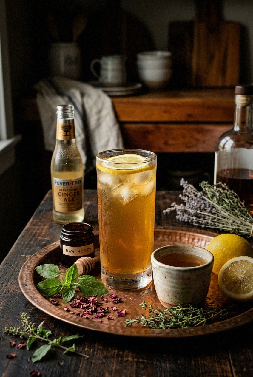 Tall glass of iced cortisol lowering tea with condensation, fresh lemon wheel, and sprig of fresh holy basil, photographed outdoors in natural spring light with garden background