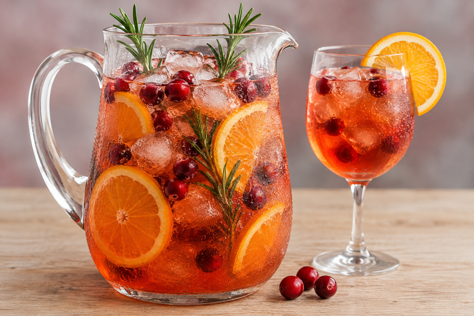 Pitcher of cranberry Aperol spritz with rosemary and orange slices next to a glass with an orange wheel