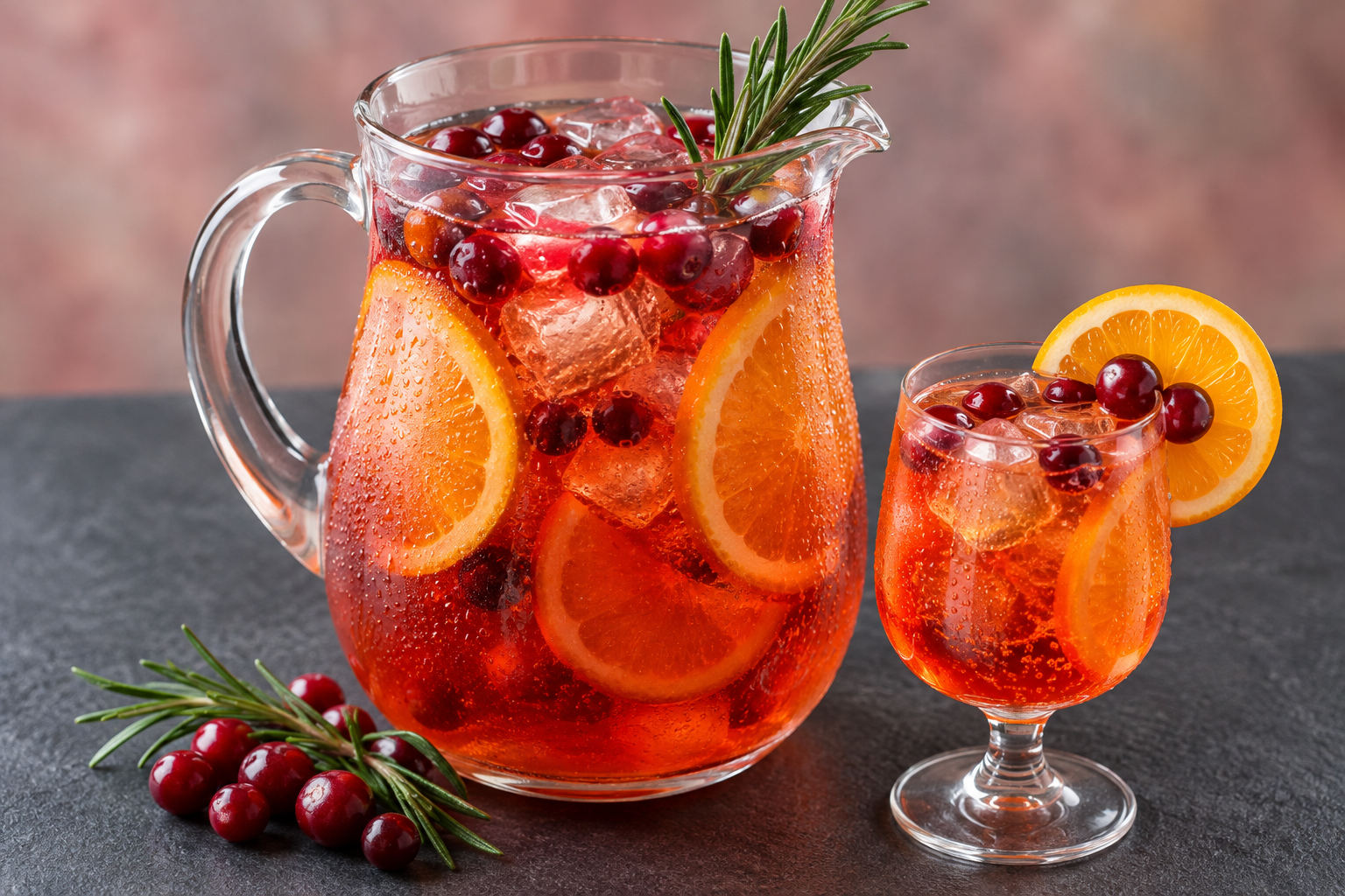 Pitcher of cranberry Aperol spritz with rosemary beside a small stemmed glass with an orange wheel