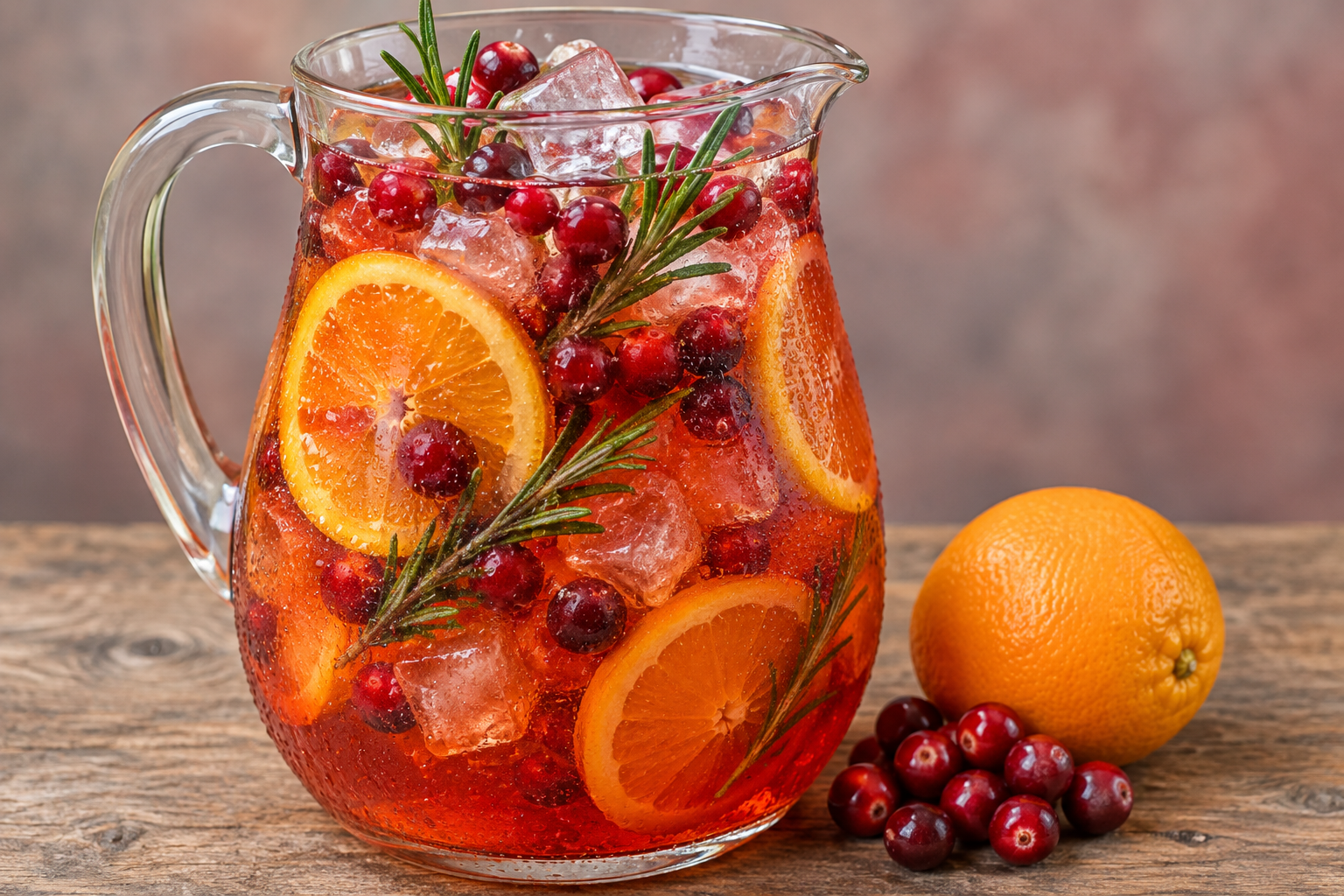 Full pitcher of cranberry Aperol spritz with orange slices, cranberries and rosemary