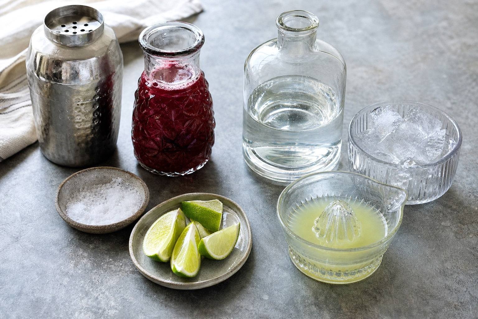 measured ingredients for cranberry margarita including tequila, cranberry juice, lime juice, orange liqueur, and kosher salt
