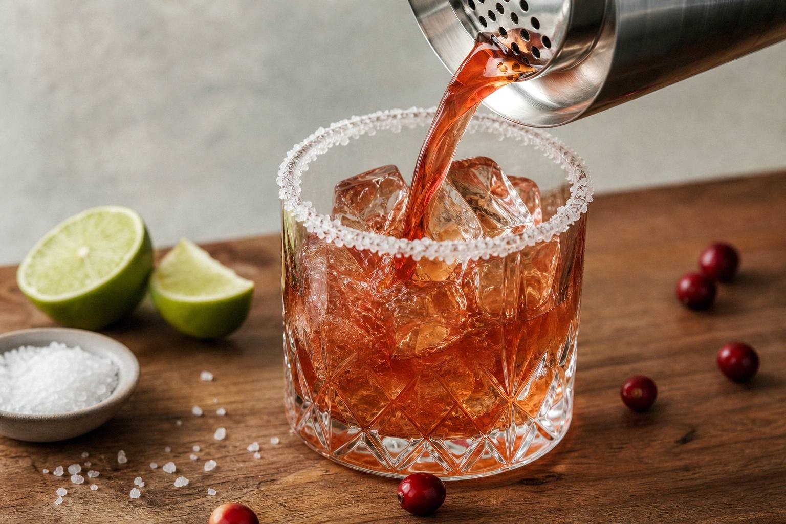 cranberry margarita being strained from shaker into salt-rimmed glass over ice