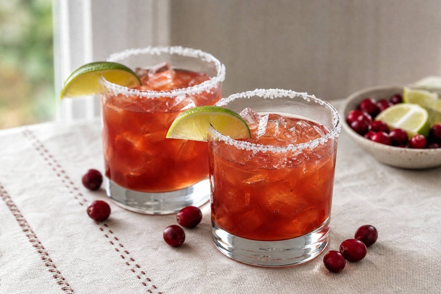 two cranberry margaritas in salt-rimmed glasses garnished with lime and cranberries on serving tray