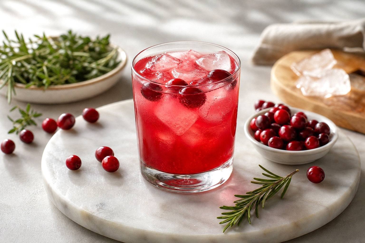 unmixed ingredients for cranberry mocktail including unsweetened cranberry juice, ginger beer, fresh cranberries, sugar, and orange zest