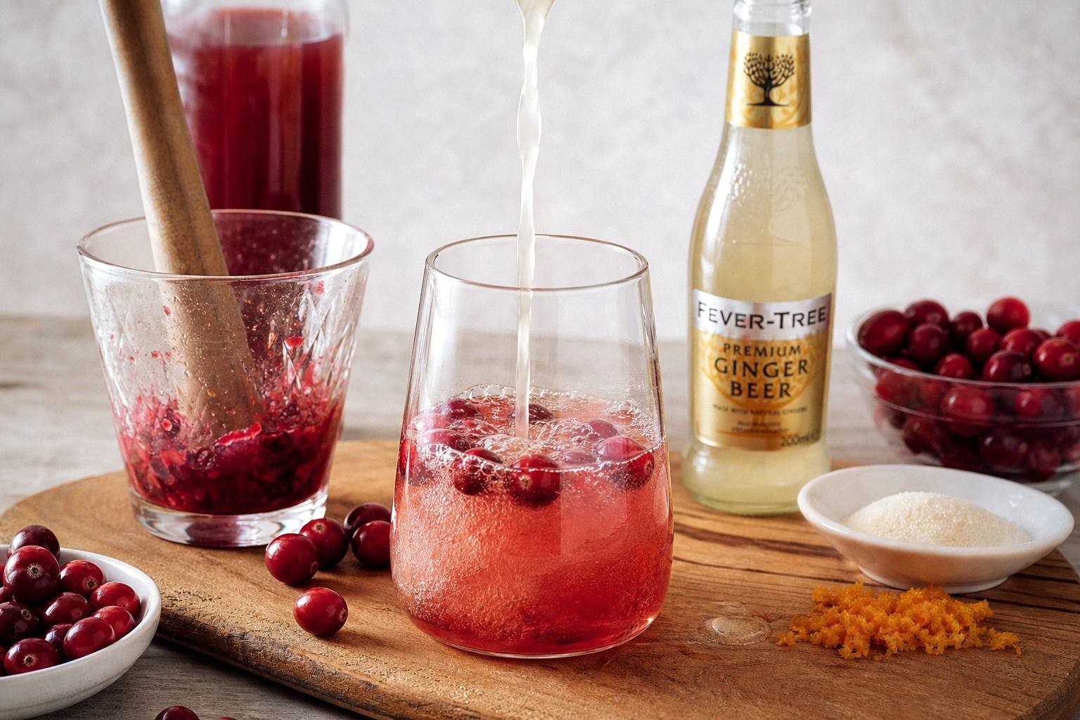 ginger beer pouring into glass with cranberry juice, liquid in motion, creating fizzy rose-colored mocktail