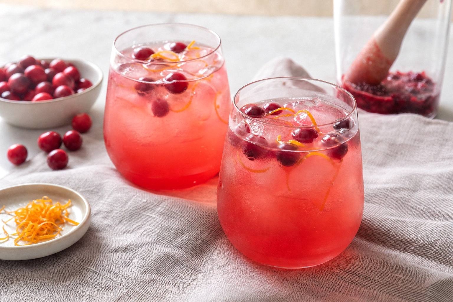 two finished cranberry mocktails with sugar rims and fresh cranberry garnish, styled on table for serving