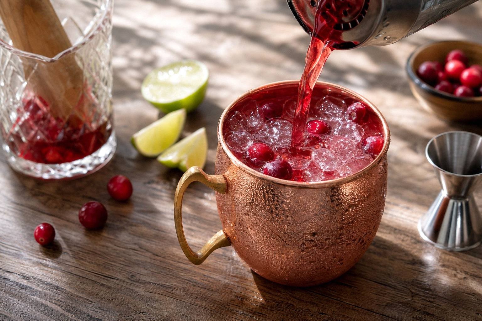 pouring liquid into copper mug to build cranberry moscow mule, showing drink in motion