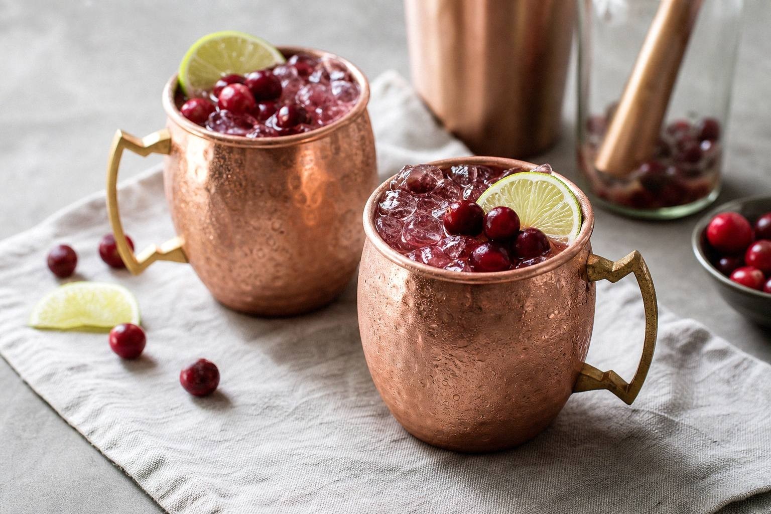 two finished cranberry moscow mules in copper mugs styled on table with garnishes