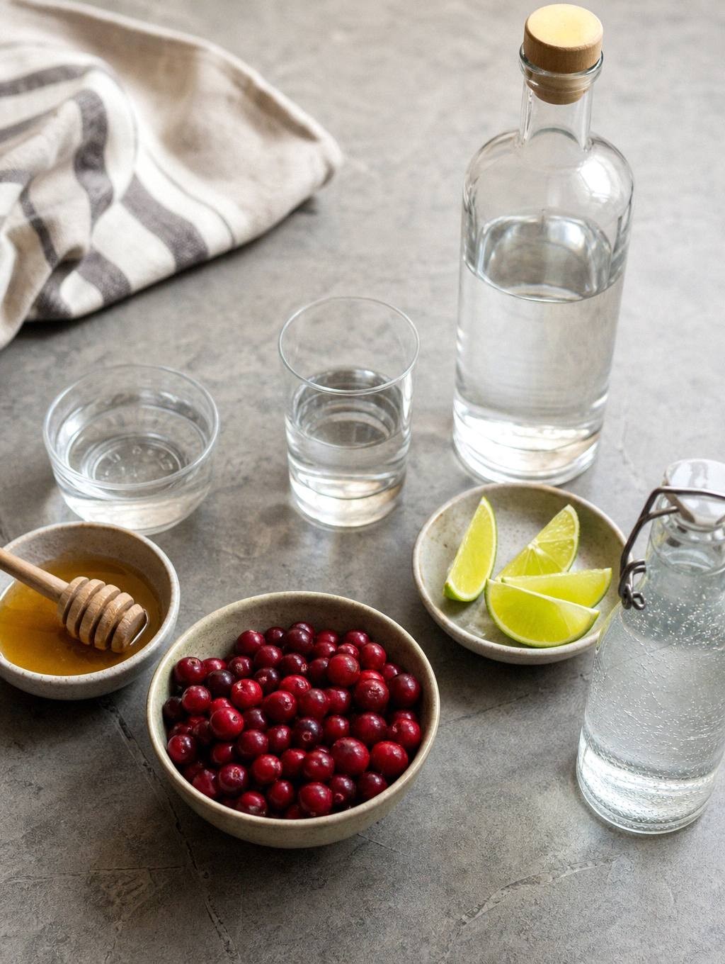 Measured ingredients for cranberry vodka including fresh cranberries, honey, vodka, lime wedges, and sparkling water