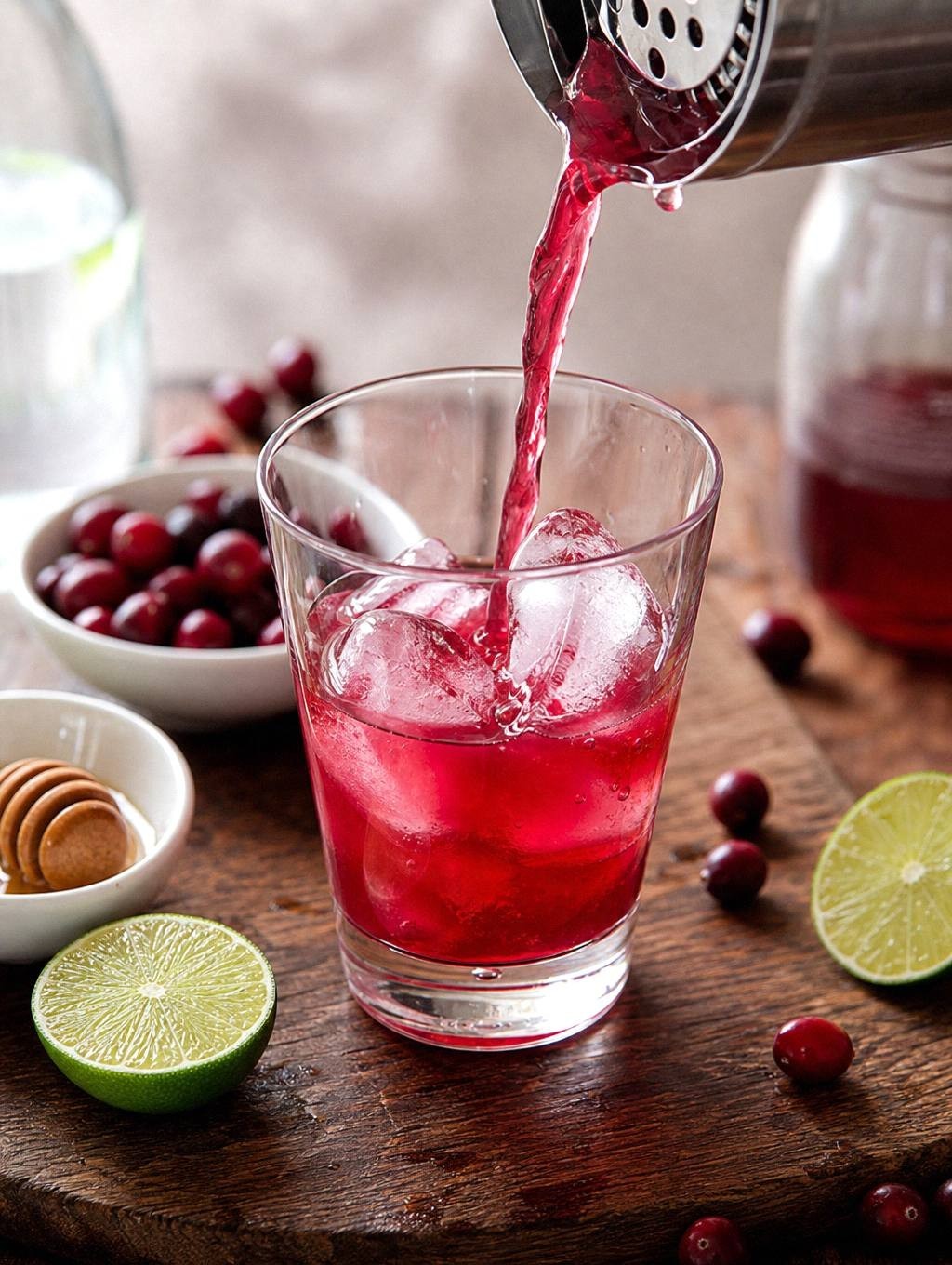 Sparkling water being poured into glass with cranberry vodka mixture and ice