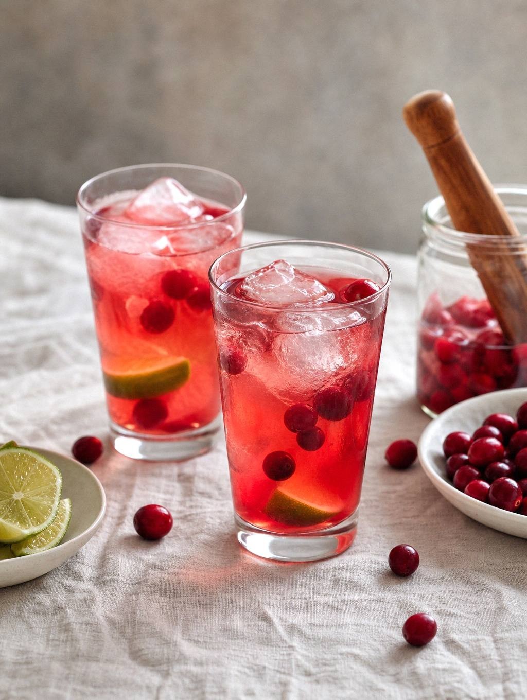 Two finished cranberry vodka cocktails garnished with lime wedges on serving table
