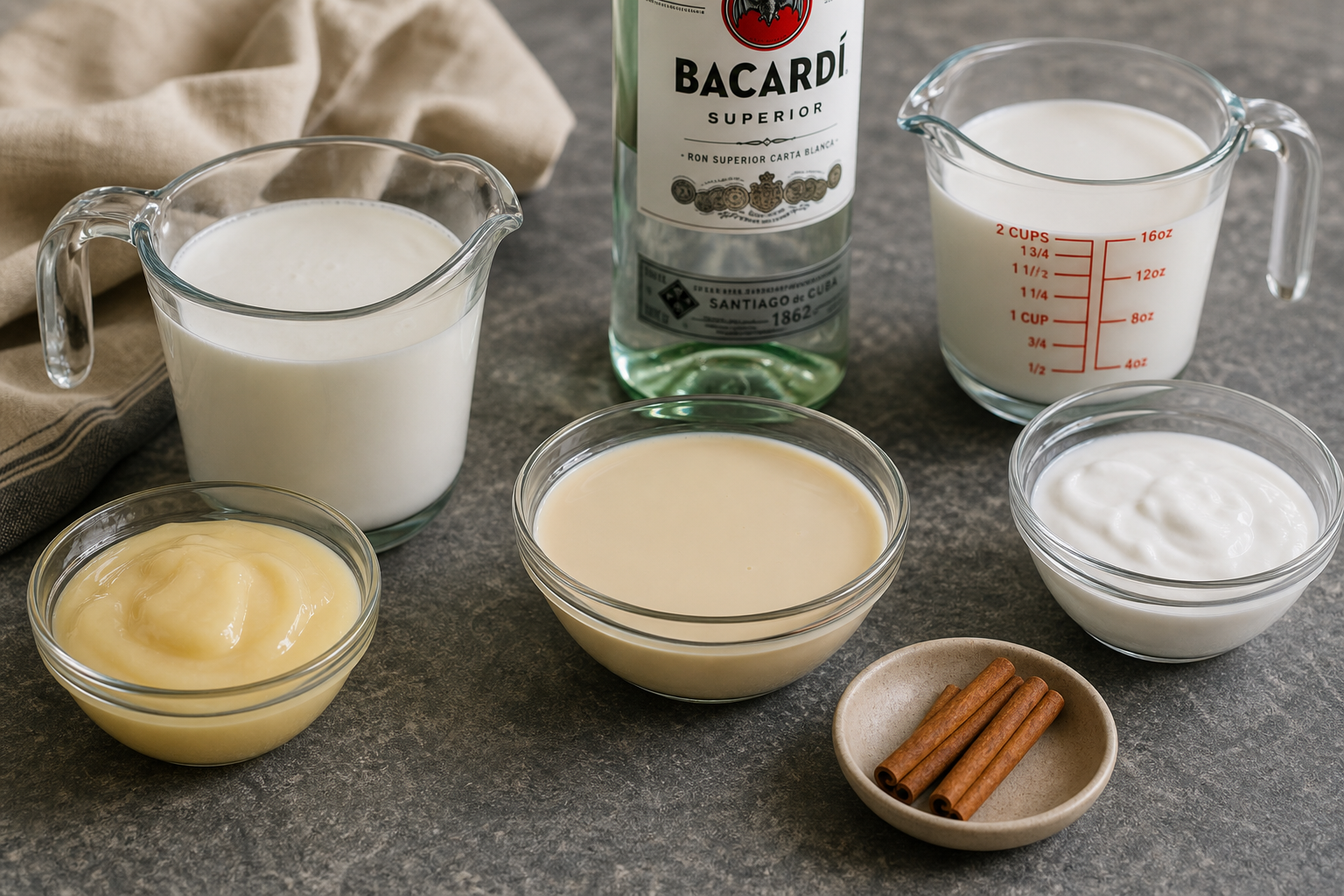 Ingredients for coquito laid out: rum bottle, cinnamon sticks, cans of coconut products and condensed milk