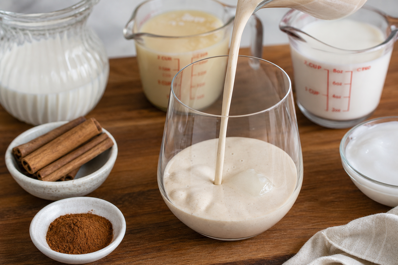 Pouring coquito from pitcher into glass, creamy liquid in motion