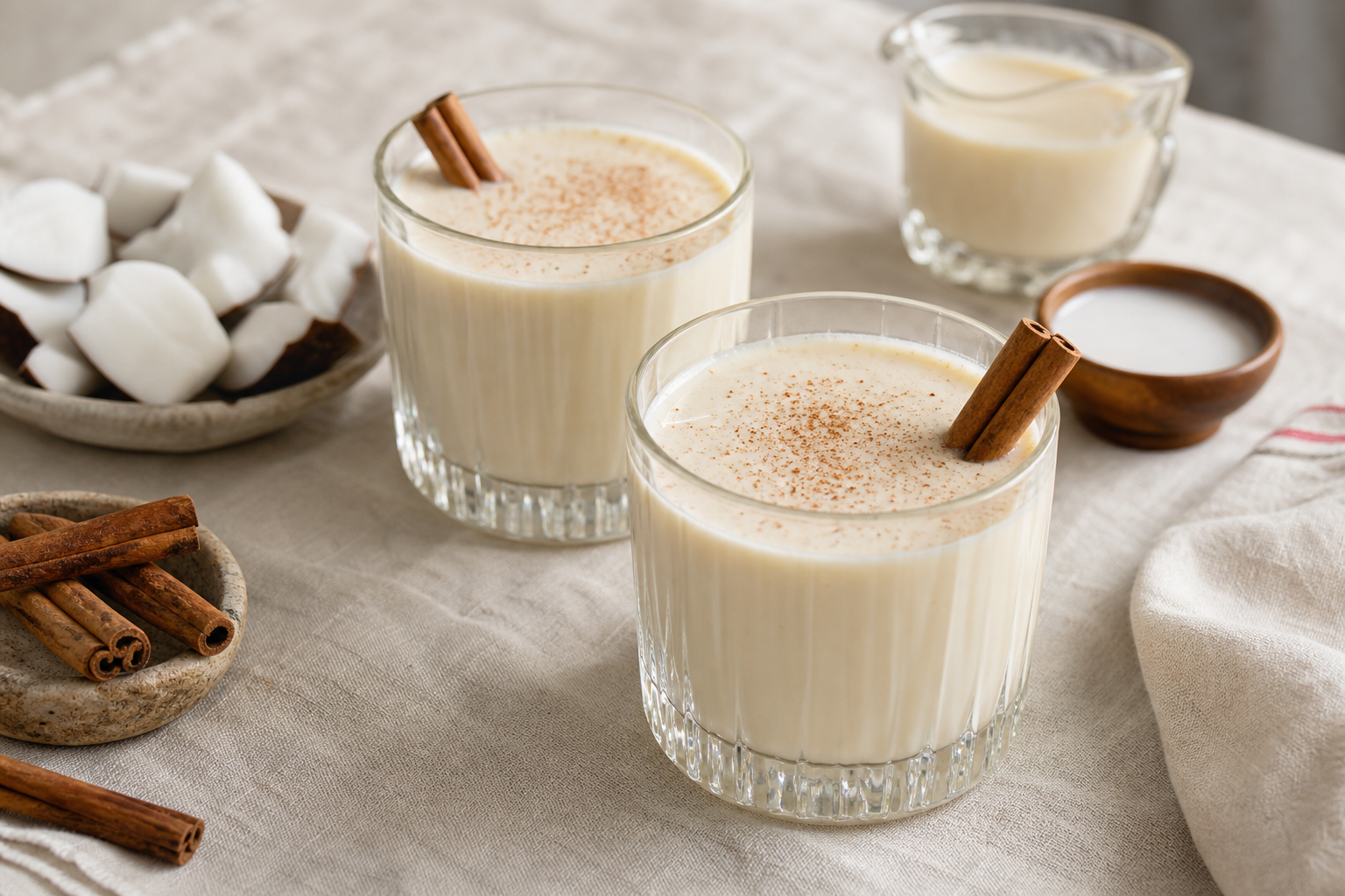 Two glasses of coquito on table with cinnamon stick garnish, holiday setting