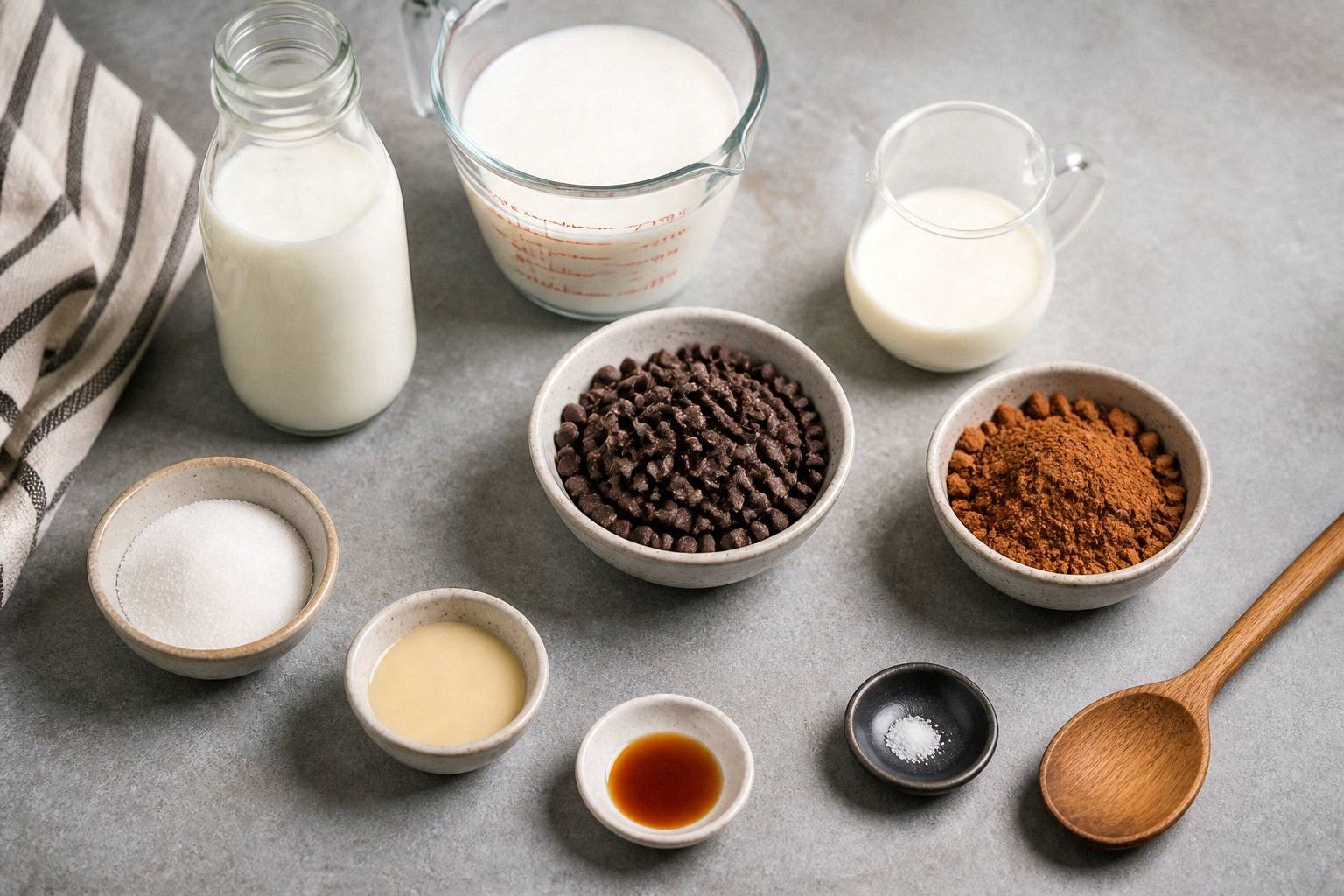 measured ingredients for crockpot hot chocolate including whole milk, evaporated milk, heavy cream, vanilla, and chocolate chips