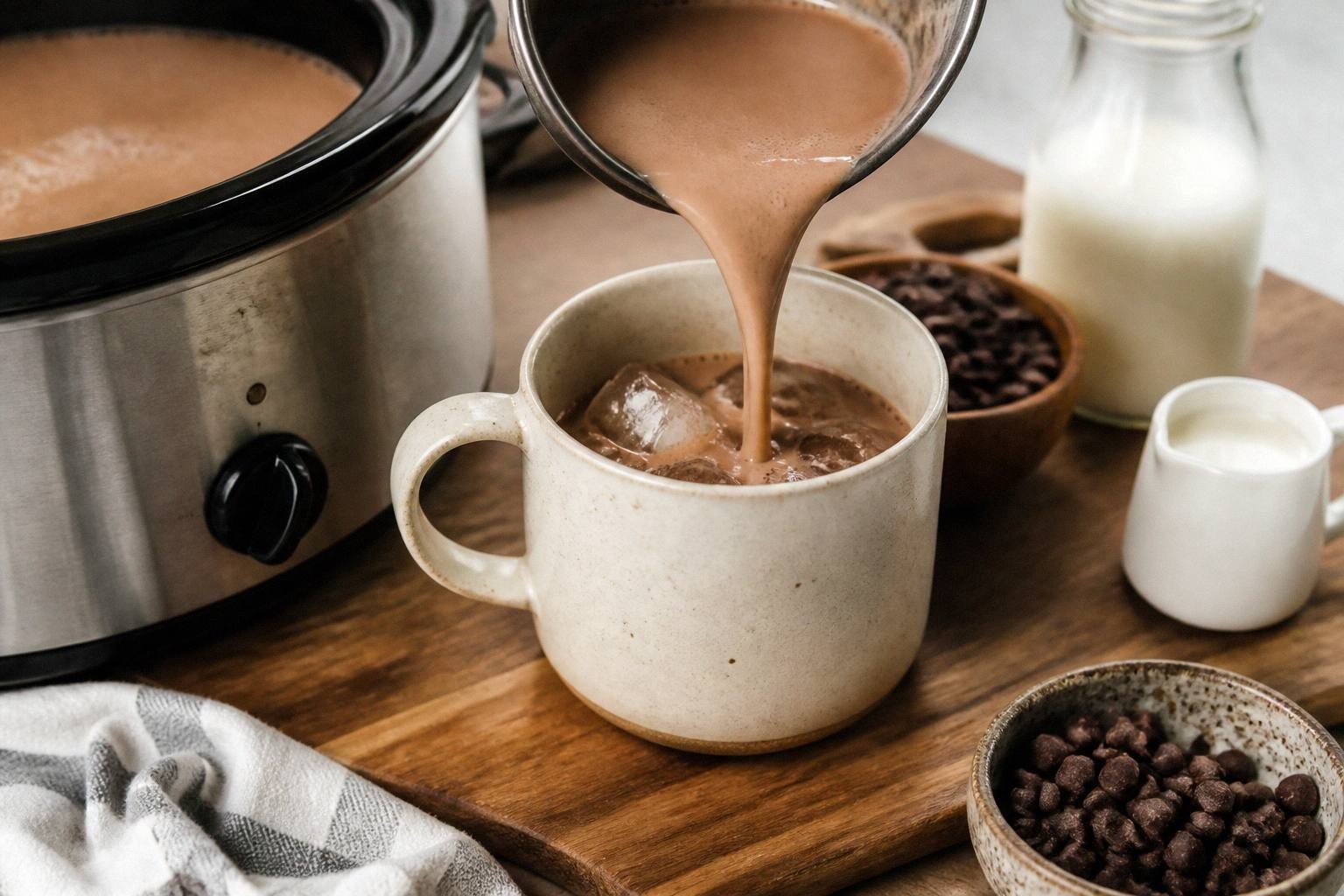 pouring crockpot hot chocolate into a mug, showing the natural caramel-colored liquid in motion