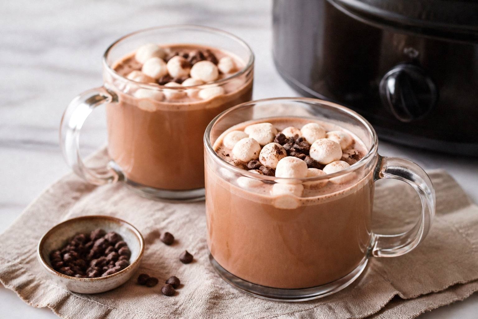 two mugs of finished crockpot hot chocolate styled on a table with garnishes