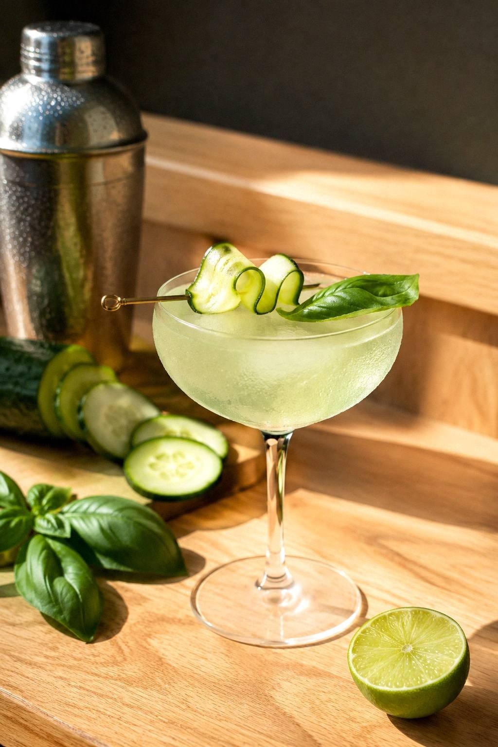Sliced English cucumber, fresh basil leaves, a lime, and a bottle of vodka beside a cocktail shaker on a dark walnut bar top for a cucumber basil martini