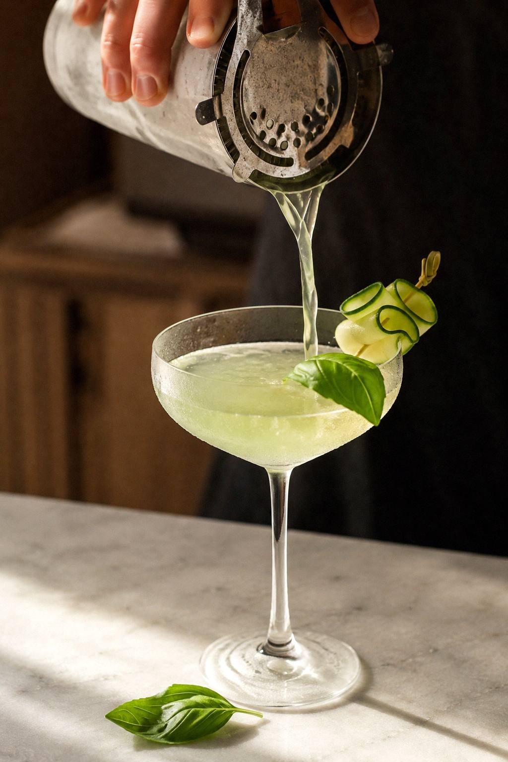 Muddled cucumber and basil in a cocktail shaker being double strained into a chilled coupe for a clean pale green cucumber basil martini