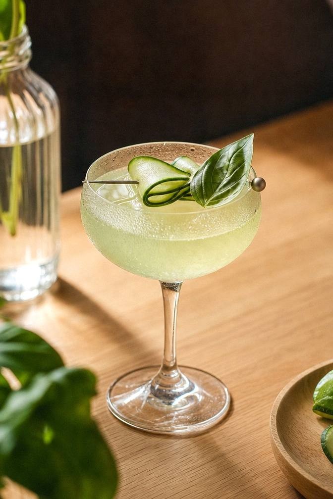 Finished pale green cucumber basil martini in a chilled coupe with a cucumber ribbon and basil leaf garnish on a dark walnut bar top with moody lighting
