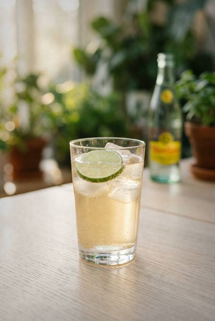 Fresh cucumber slices and elderflower cordial bottle on marble counter with lime halves and ice bucket, bright spring morning light