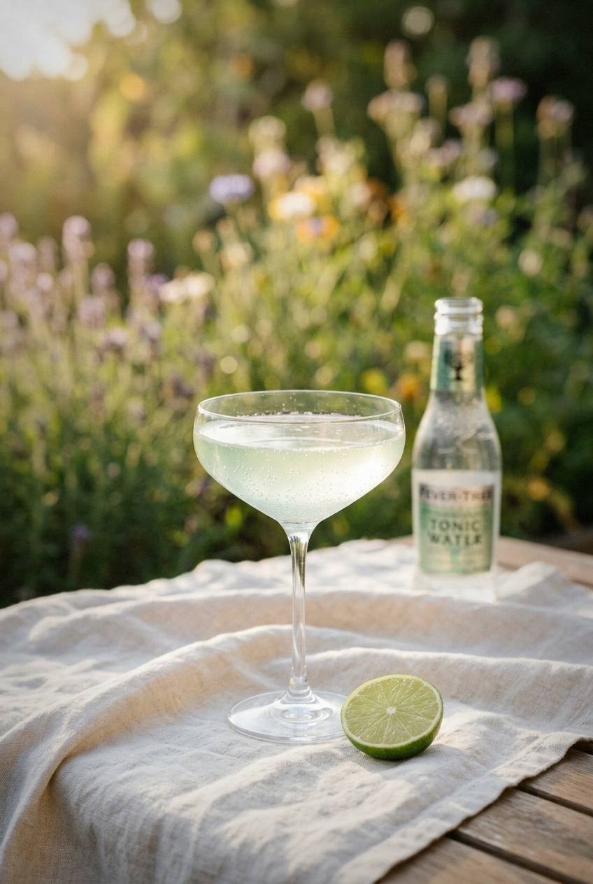 Muddled cucumber slices in bottom of wine glass with ice cubes, elderflower cordial being poured from small measuring cup