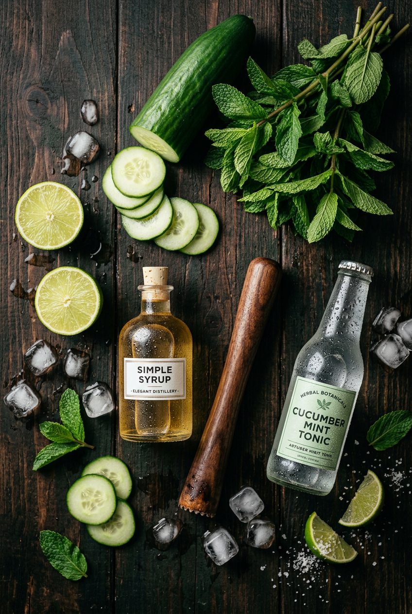 Fresh cucumber slices, mint sprigs, lime, and tonic water ingredients for a cucumber mint fizz mocktail