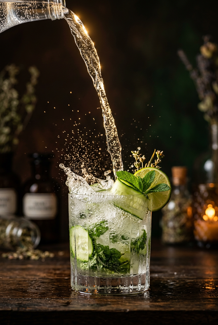 Tonic water being poured into muddled cucumber mint mocktail with golden bubbles