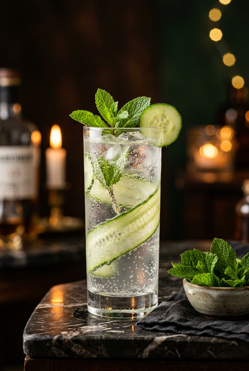 Finished cucumber mint fizz mocktail in crystal glass with cucumber ribbon and fresh mint garnish