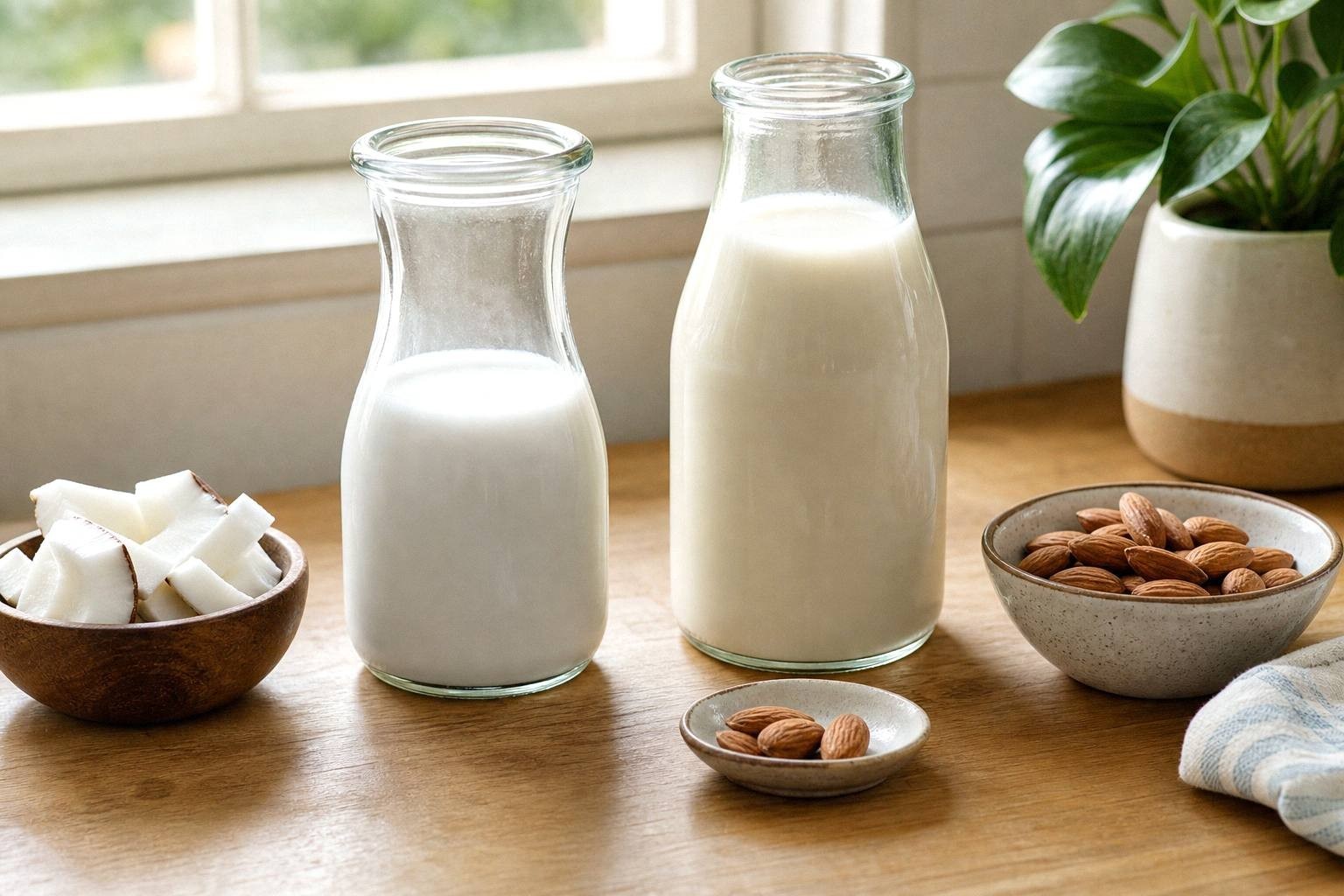 Two cartons of plant milk, coconut milk can, and bowl of egg yolks on a kitchen counter
