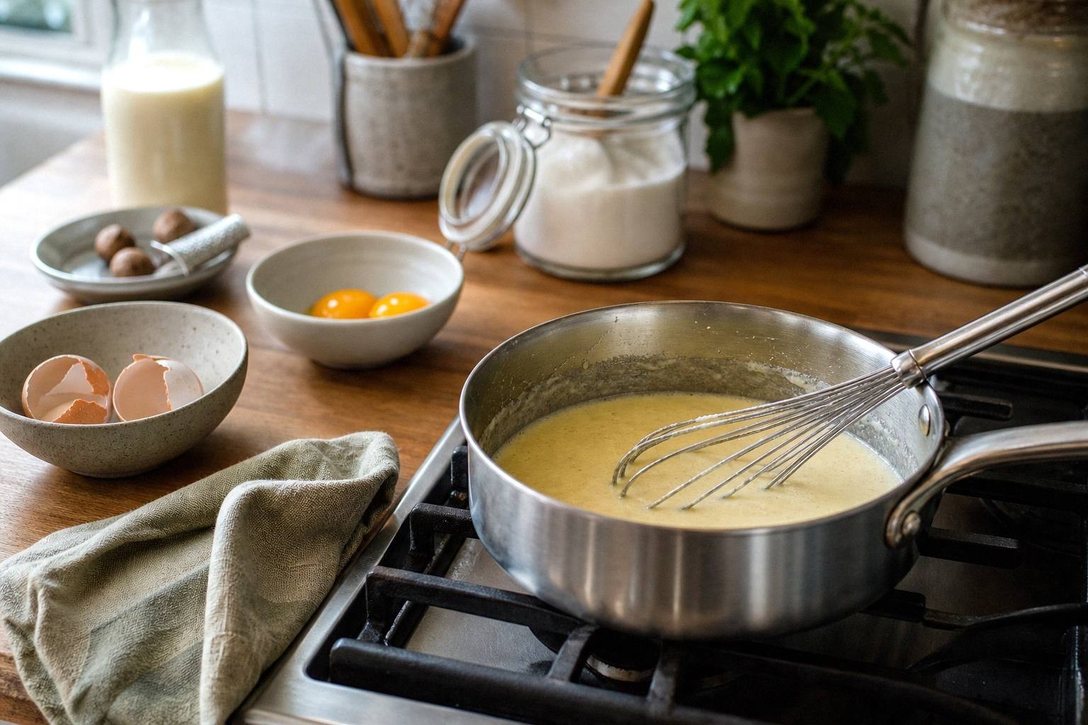 Whisk stirring eggnog mixture in a saucepan on a stovetop at medium-low heat