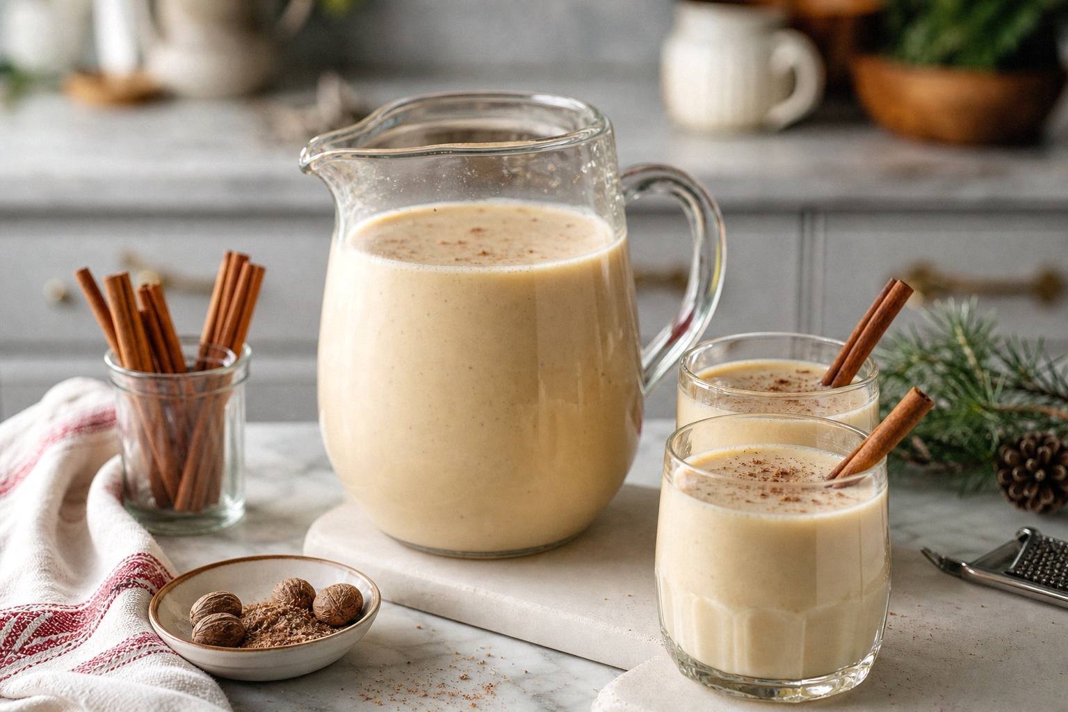 Small glasses of chilled dairy-free eggnog garnished with nutmeg and cinnamon sticks