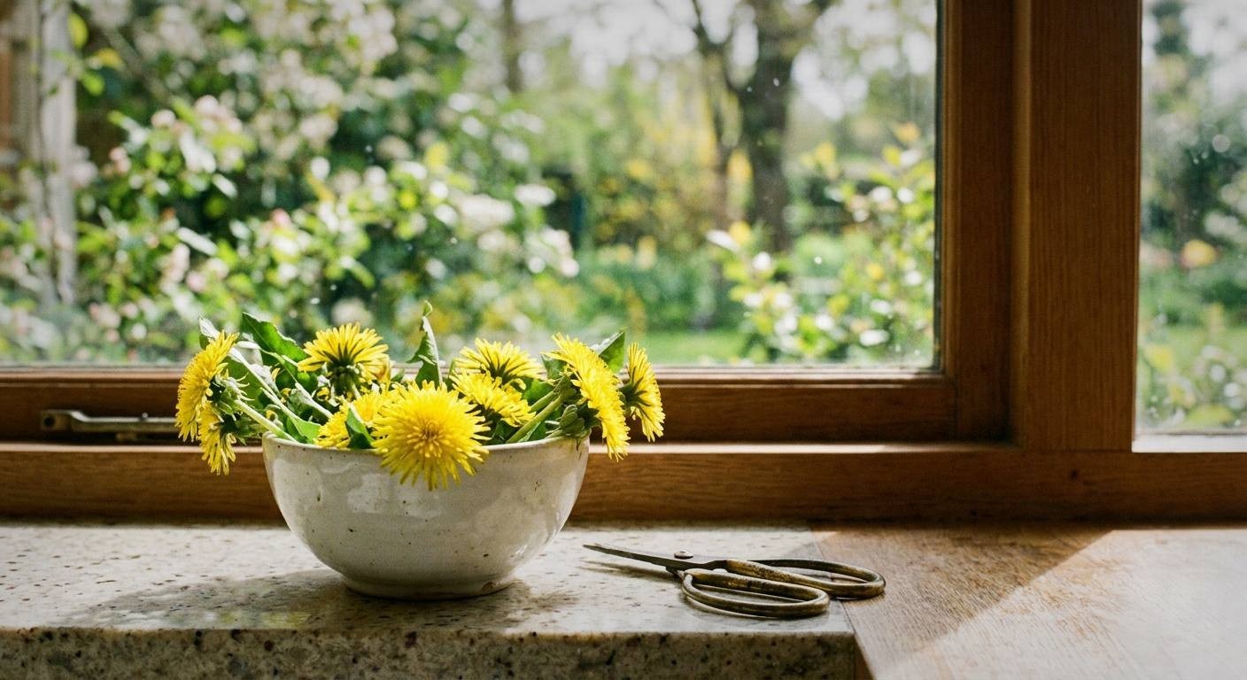 A basket of freshly picked bright yellow dandelion flowers on a wooden table in spring sunlight, with green stems and leaves visible