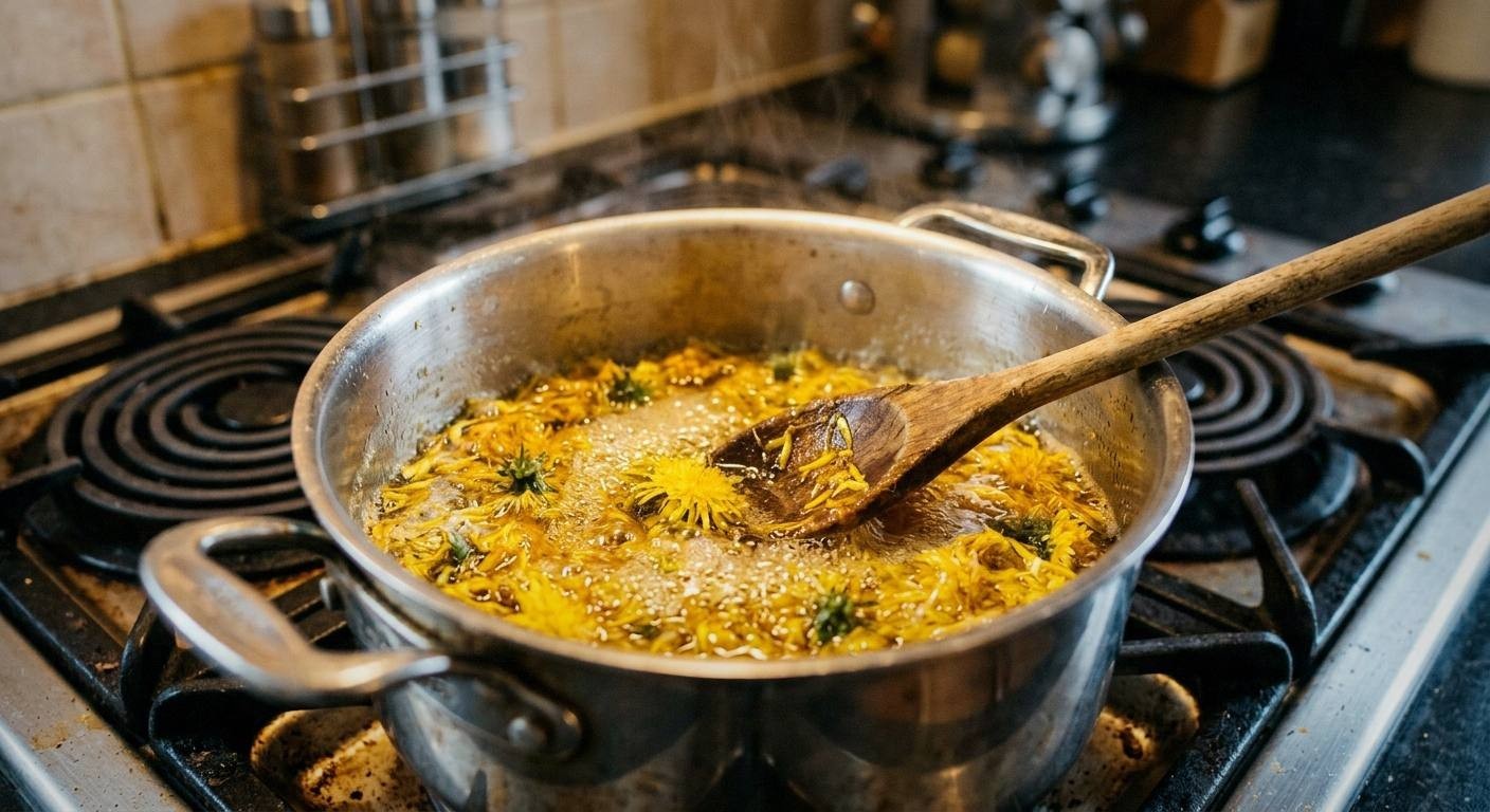 A saucepan of golden dandelion infusion simmering on a stovetop, the liquid a deep amber color, with sugar just dissolved and small bubbles forming