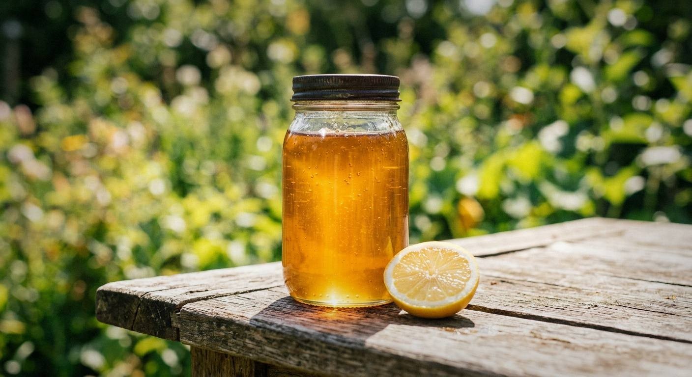 A glass jar of golden dandelion syrup on a bright surface with fresh dandelion flowers, a lemon half, and a small wooden spoon, spring natural light