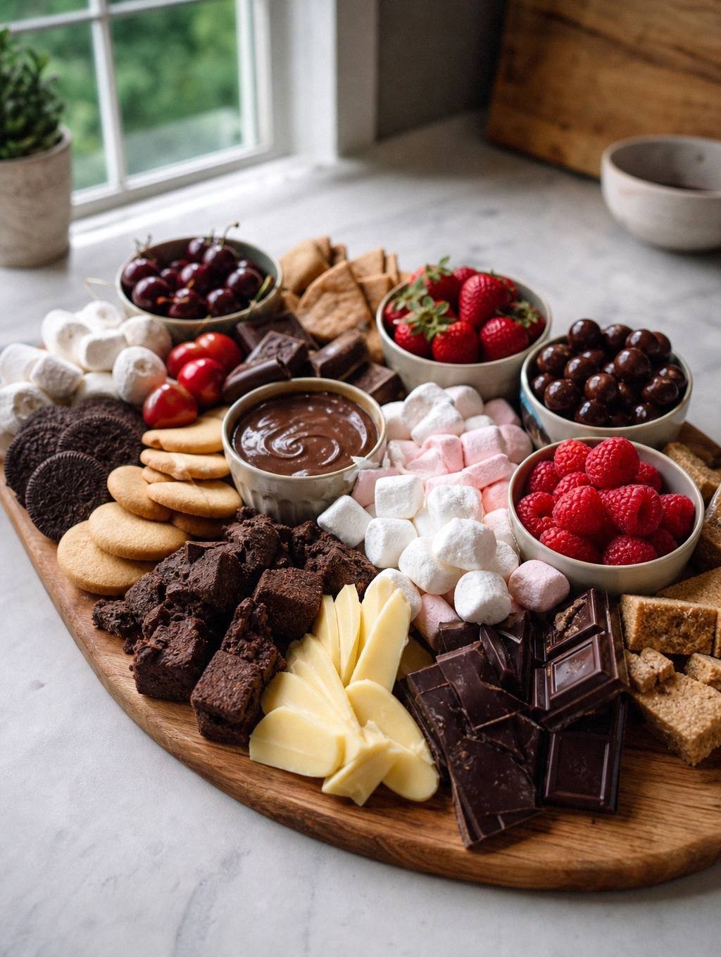 dessert board with chocolate chip cookies, biscotti, fresh berries, and small bowls of yogurt and chocolate dip on marble platter